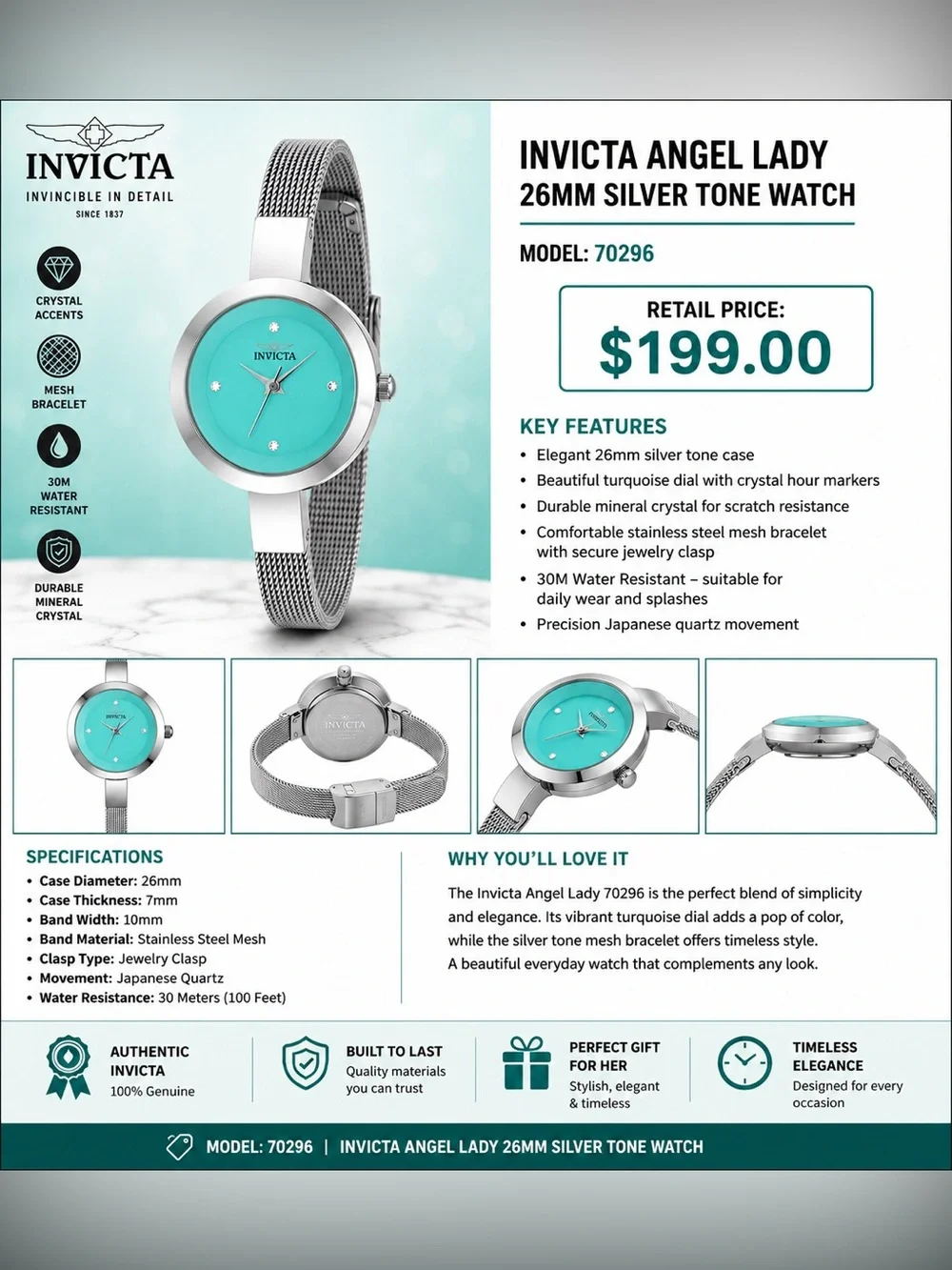 (NIB) Invicta Turquoise Dial Silver-Tone Mesh Bracelet Watch
